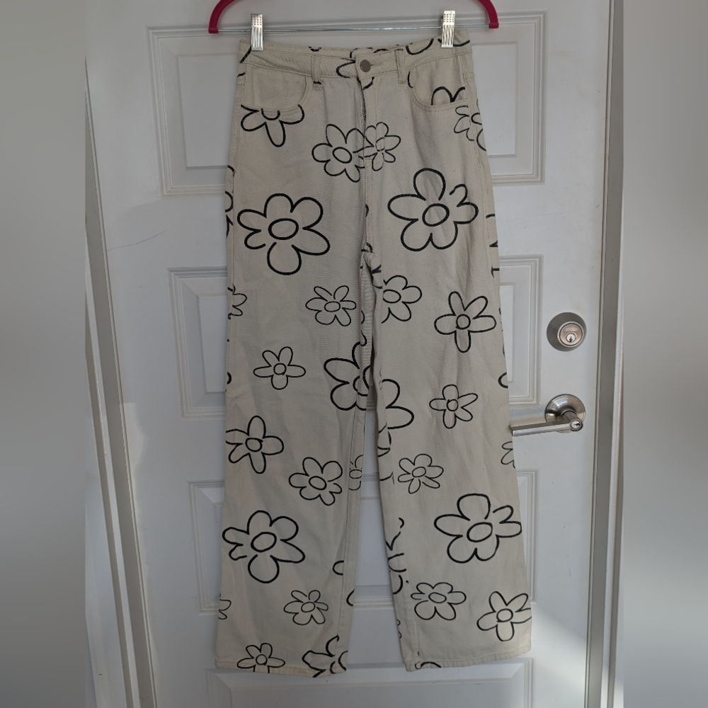 Floral Wide Leg Jeans - Cream
